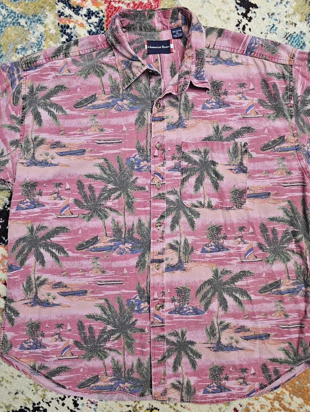 VTG American Blue Button Down Hawaiian Palm Shirt Mens XL Made In USA Vacation
